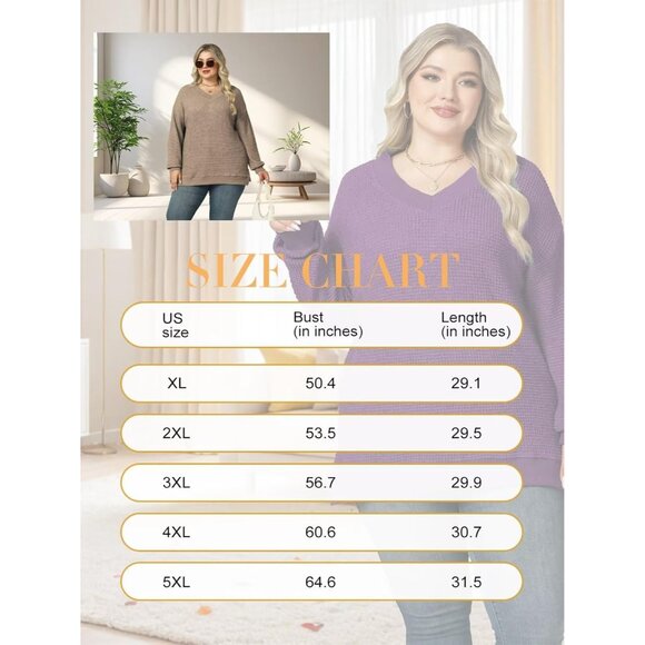 Plus Size Women's Knit V Neck Pullover with Side Split Casual Sweater - Picture 5 of 5